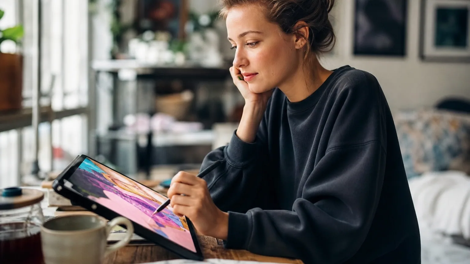 Une jeune femme observe une œuvre numérique colorée sur une tablette dans un intérieur lumineux