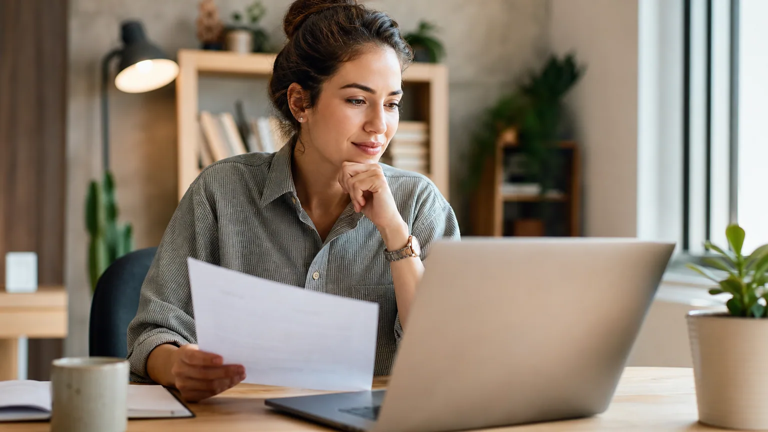 Une candidate relit son CV devant son ordinateur portable à son bureau