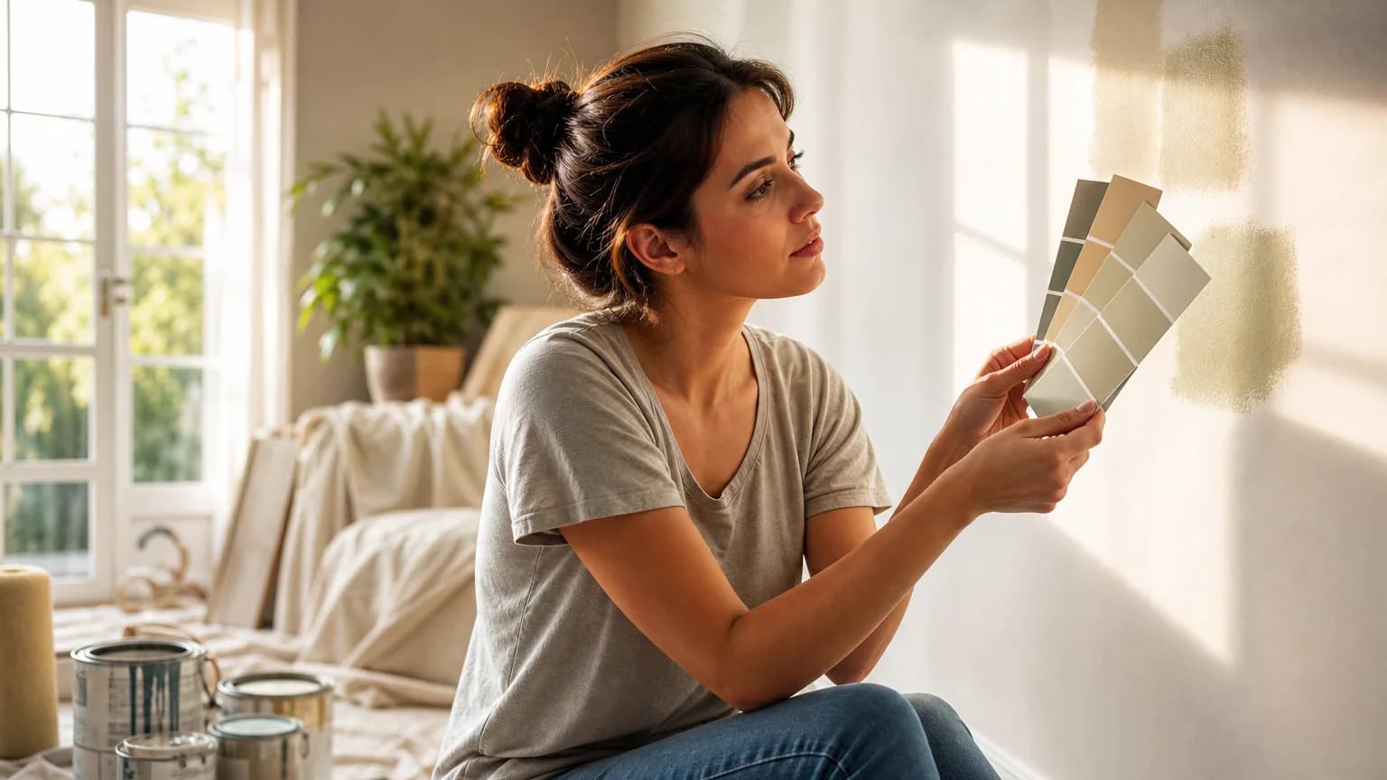 Une femme compare des nuanciers de peinture devant un mur éclairé par la lumière du jour
