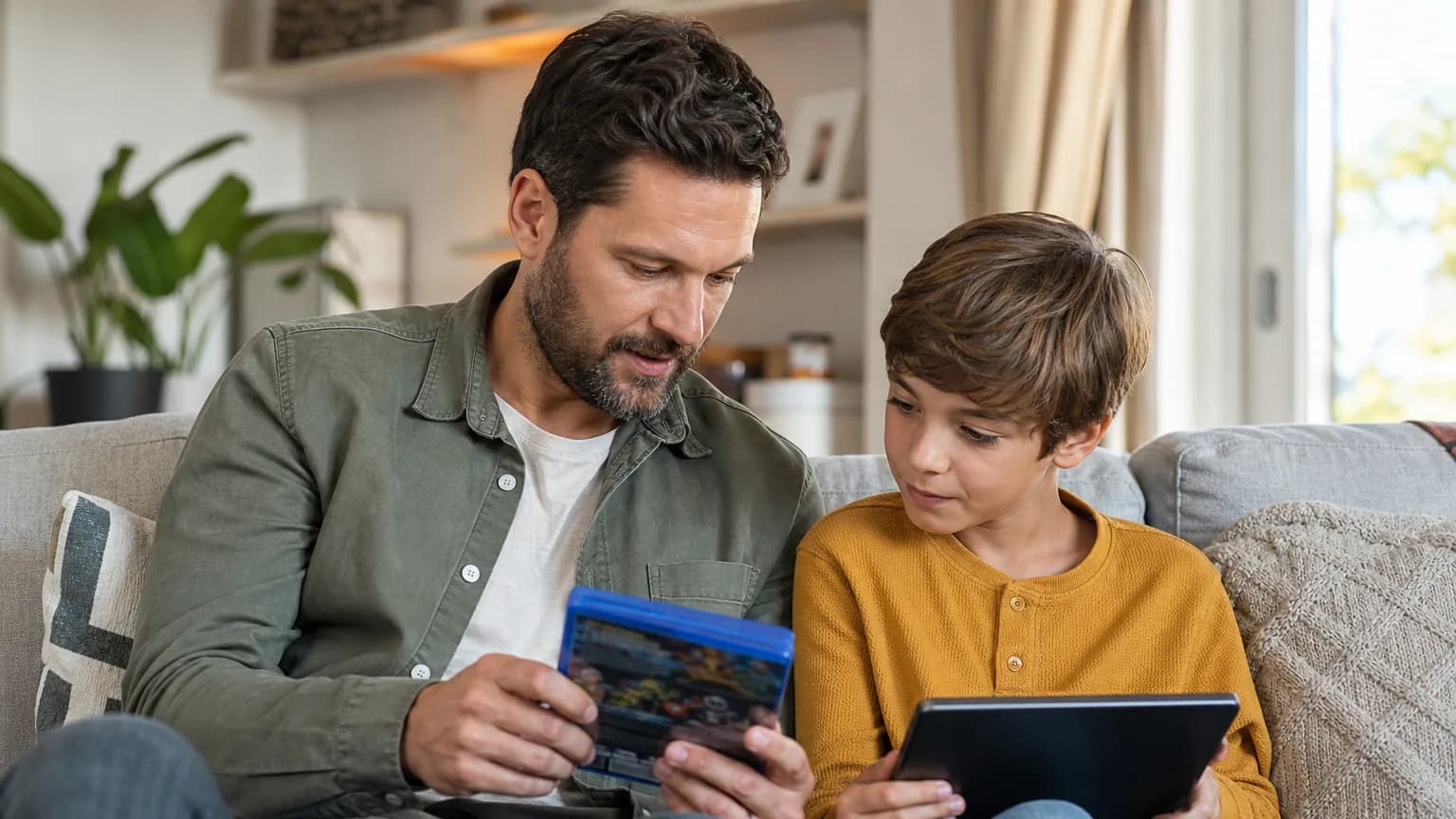 Un parent et un enfant examinent ensemble la jaquette d'un jeu vidéo dans un salon