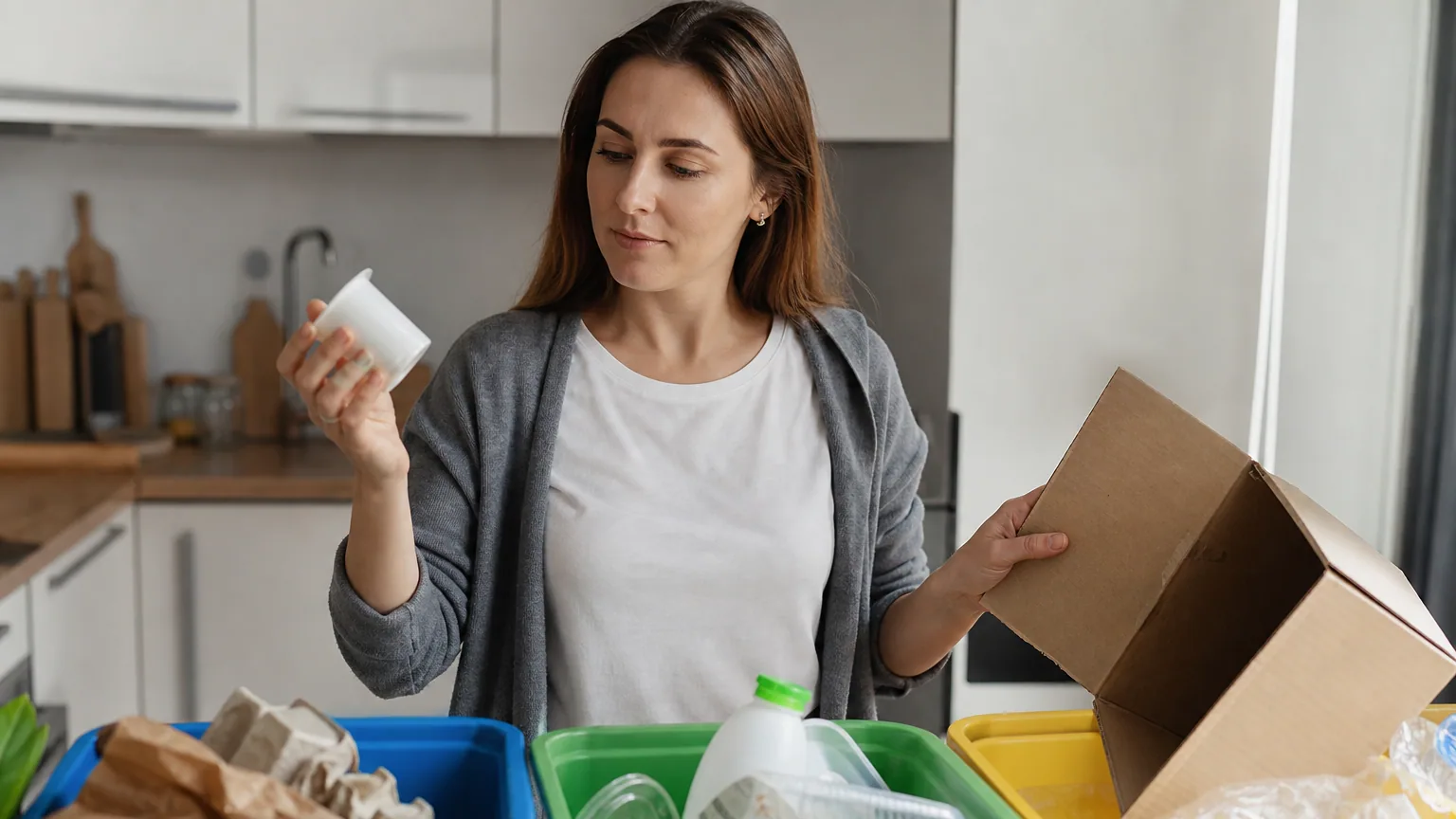 Une personne trie ses emballages dans des bacs de recyclage colorés dans sa cuisine