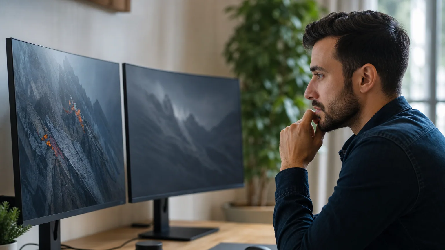 Une personne compare deux écrans PC posés sur un bureau lumineux