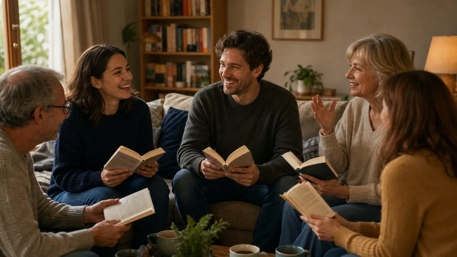 Cinq personnes réunies dans un salon discutent autour de livres et de tasses de thé