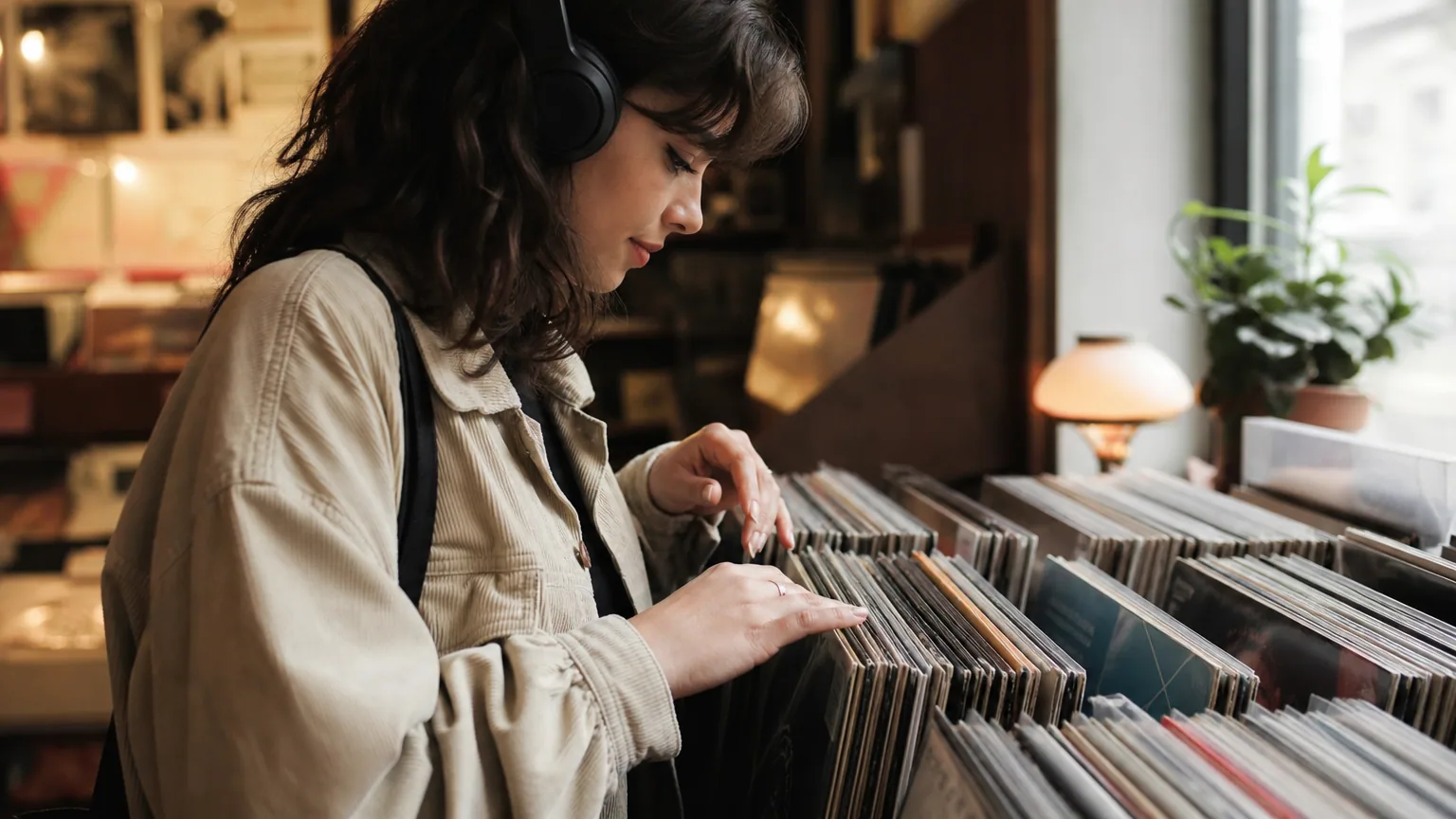 Une femme avec un casque audio feuillette des vinyles dans un disquaire indépendant
