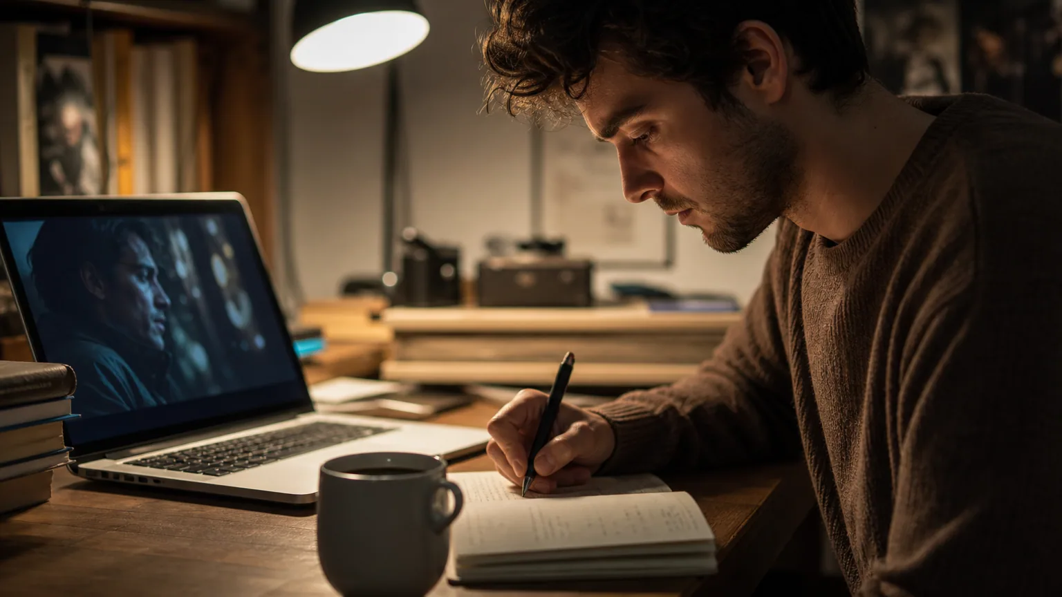 Une critique de cinéma prend des notes devant un ordinateur portable affichant un film en pause