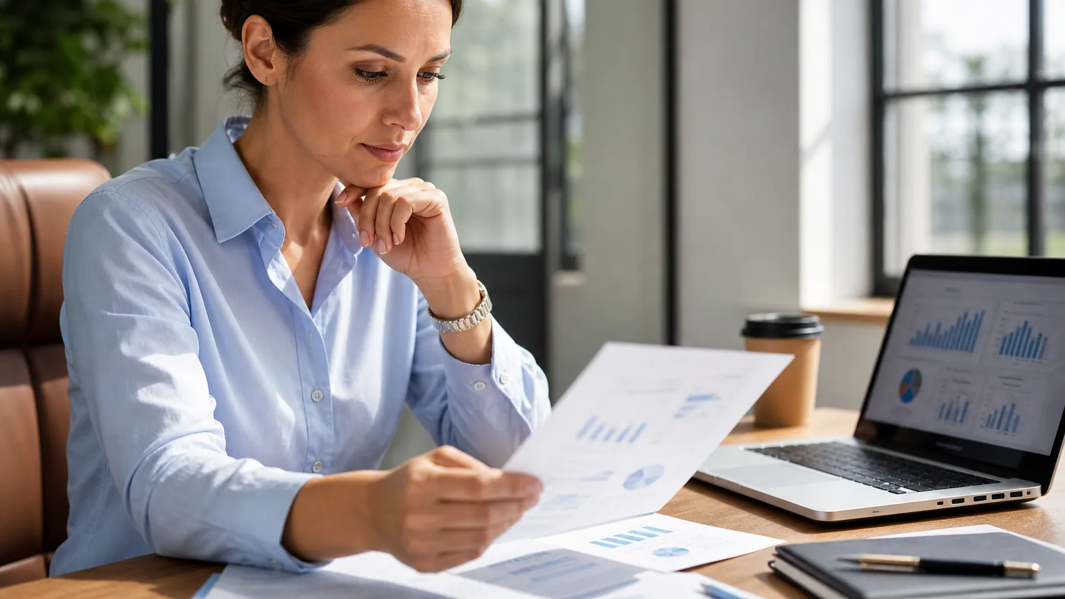 Une entrepreneuse analyse des tableaux financiers et un ordinateur portable à son bureau