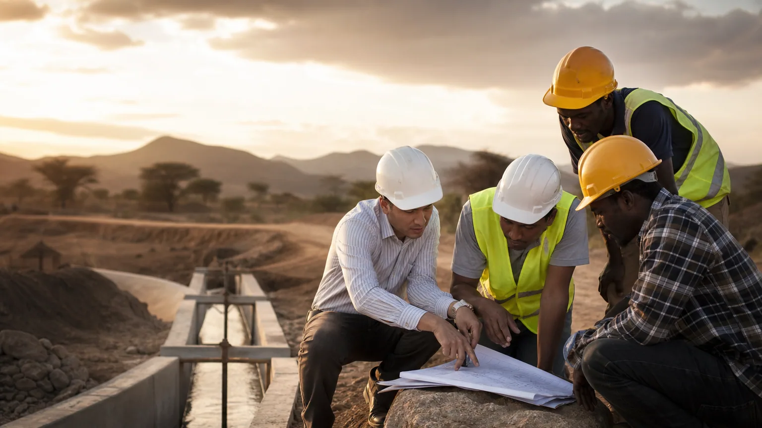 Ingénieurs et ouvriers locaux sur un chantier d'infrastructure financé par l'aide internationale au développement.