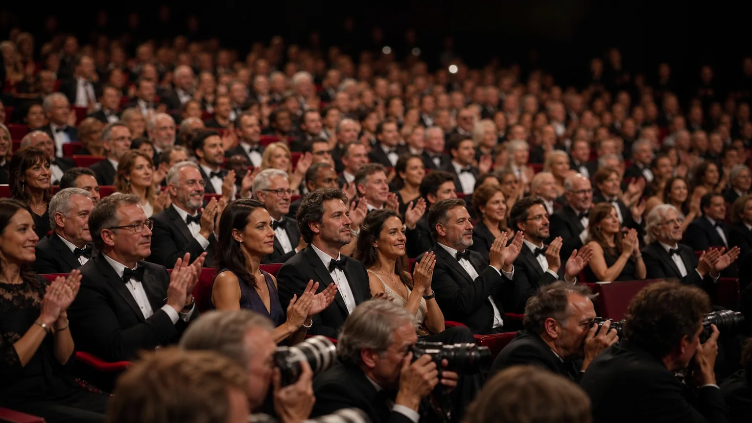 Salle de cinéma comble applaudissant lors d'une projection de festival