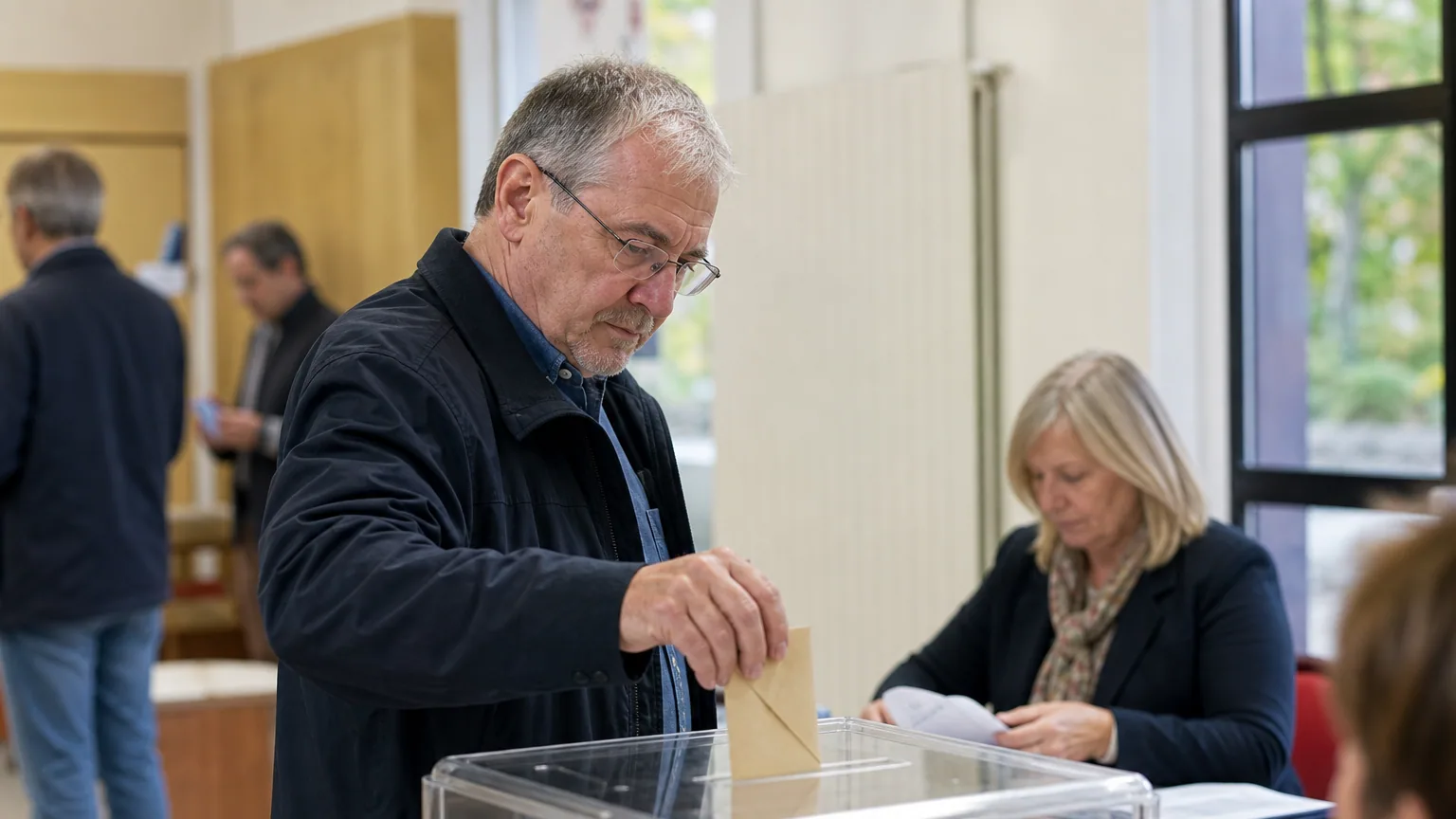 Un électeur glisse son bulletin dans l'urne transparente d'un bureau de vote français.