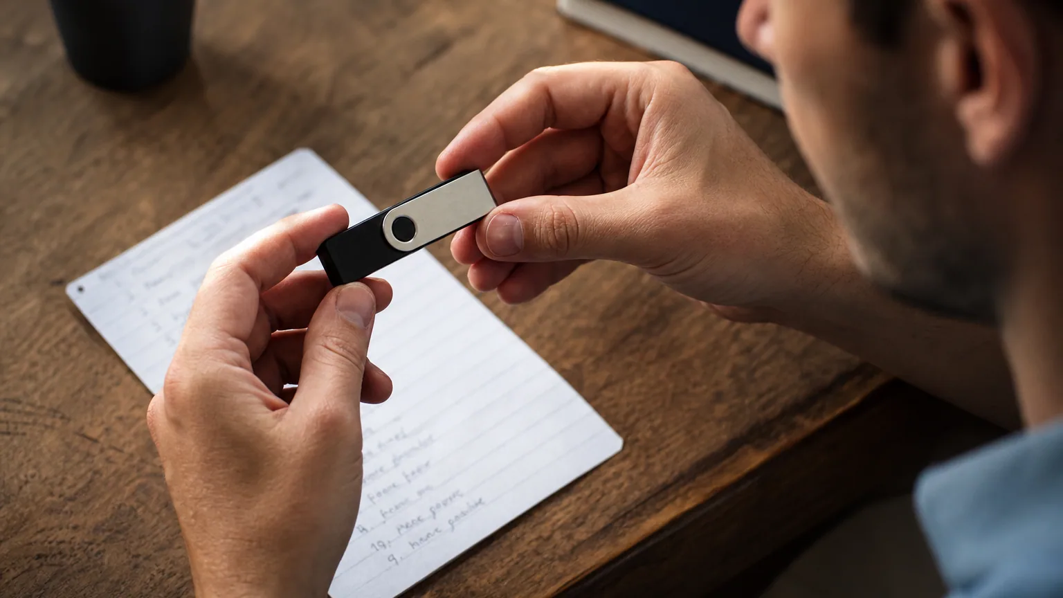 Mains tenant un portefeuille matériel pour cryptomonnaies à côté d'une feuille de récupération