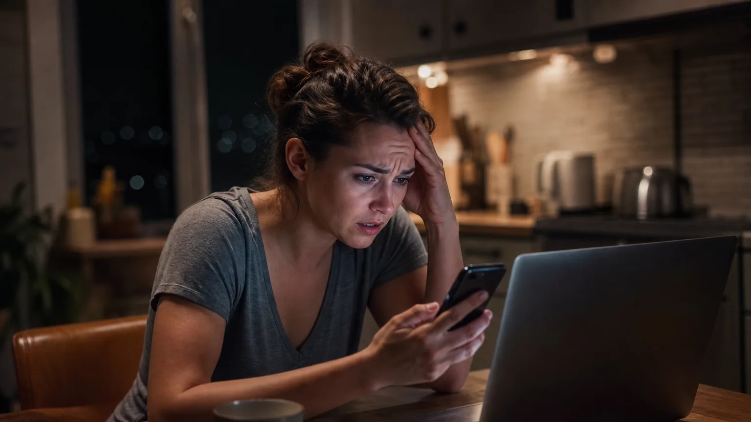 Une femme inquiète tente de récupérer un compte piraté devant son ordinateur le soir
