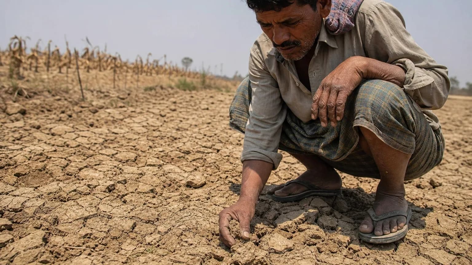Un agriculteur inquiet examine un sol craquelé par la sécheresse dans un champ desséché