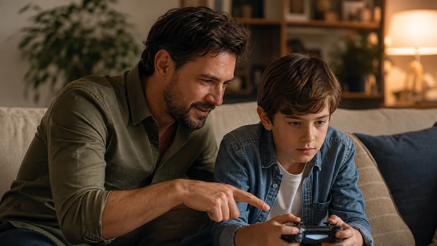 Un parent et son enfant configurent ensemble une console de jeu dans le salon