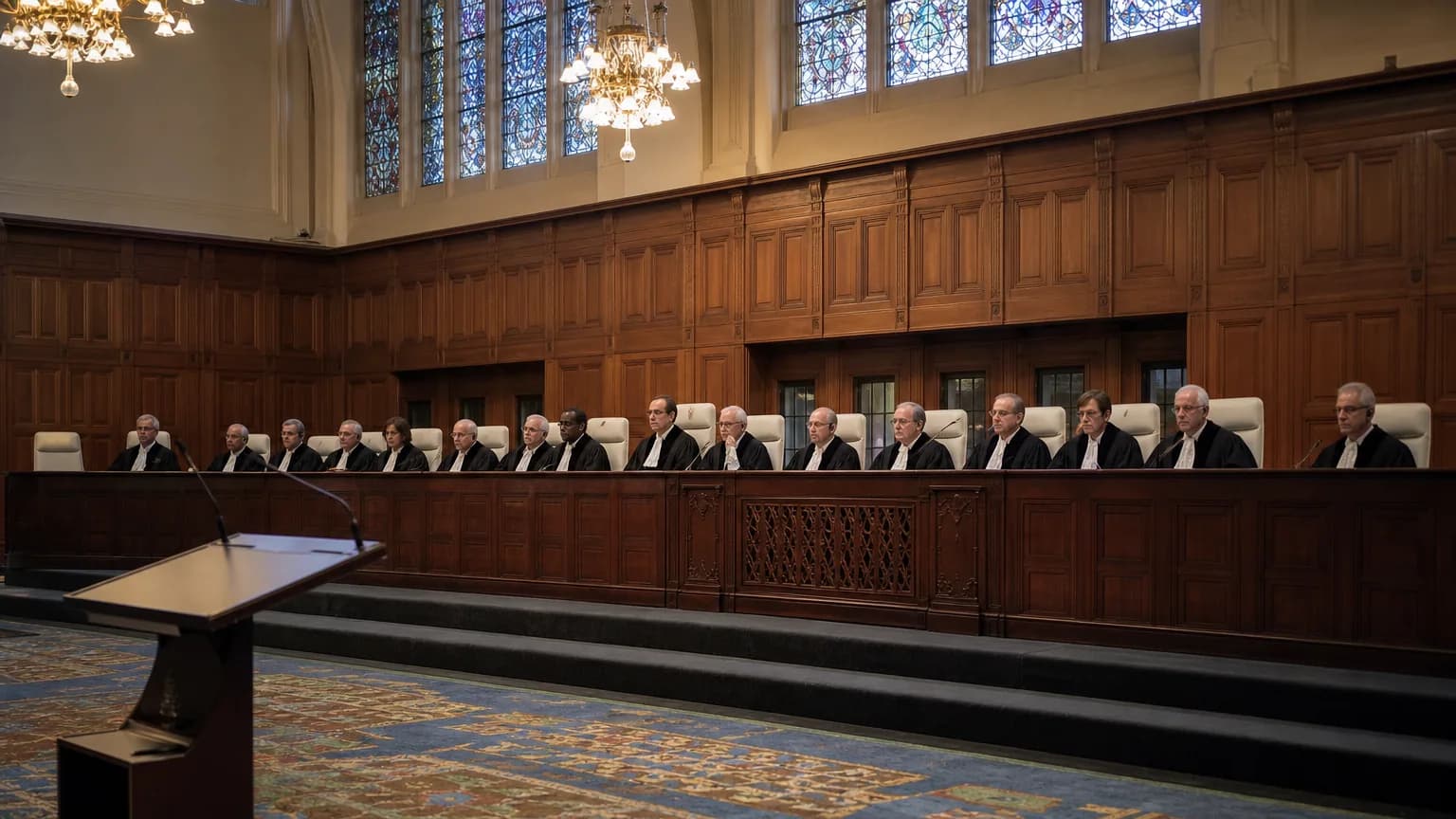 Salle d'audience solennelle avec une rangée de juges en robe face à un pupitre.