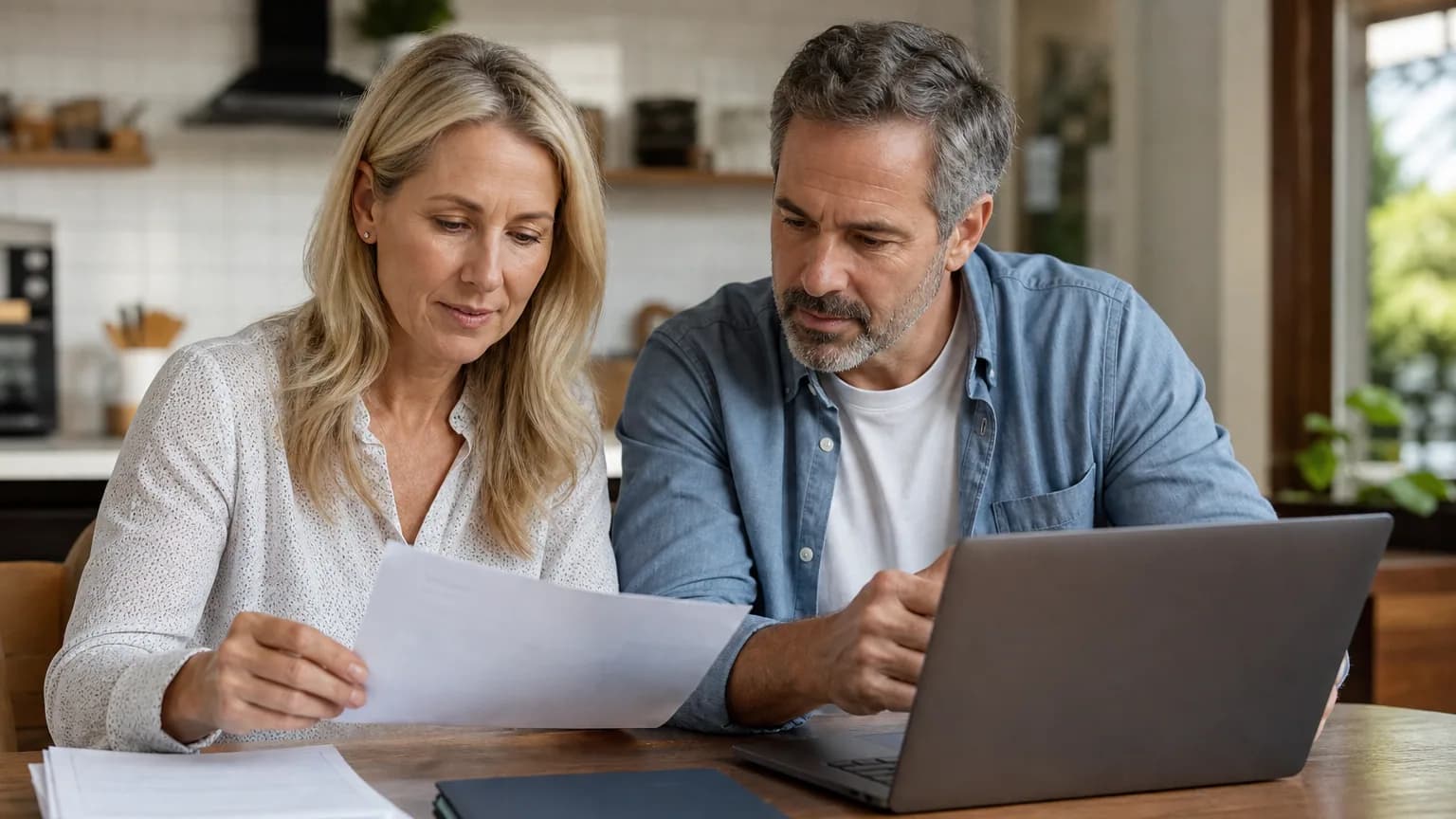 Un couple examine des documents immobiliers à la table de leur salon