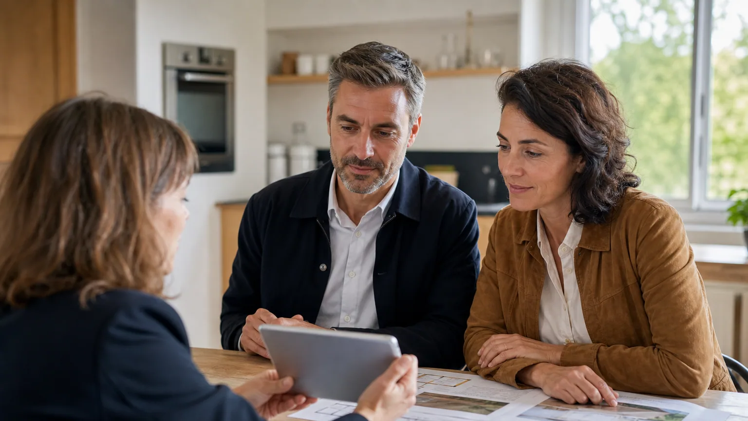 Un couple étudie des documents immobiliers avec un conseiller financier à une table