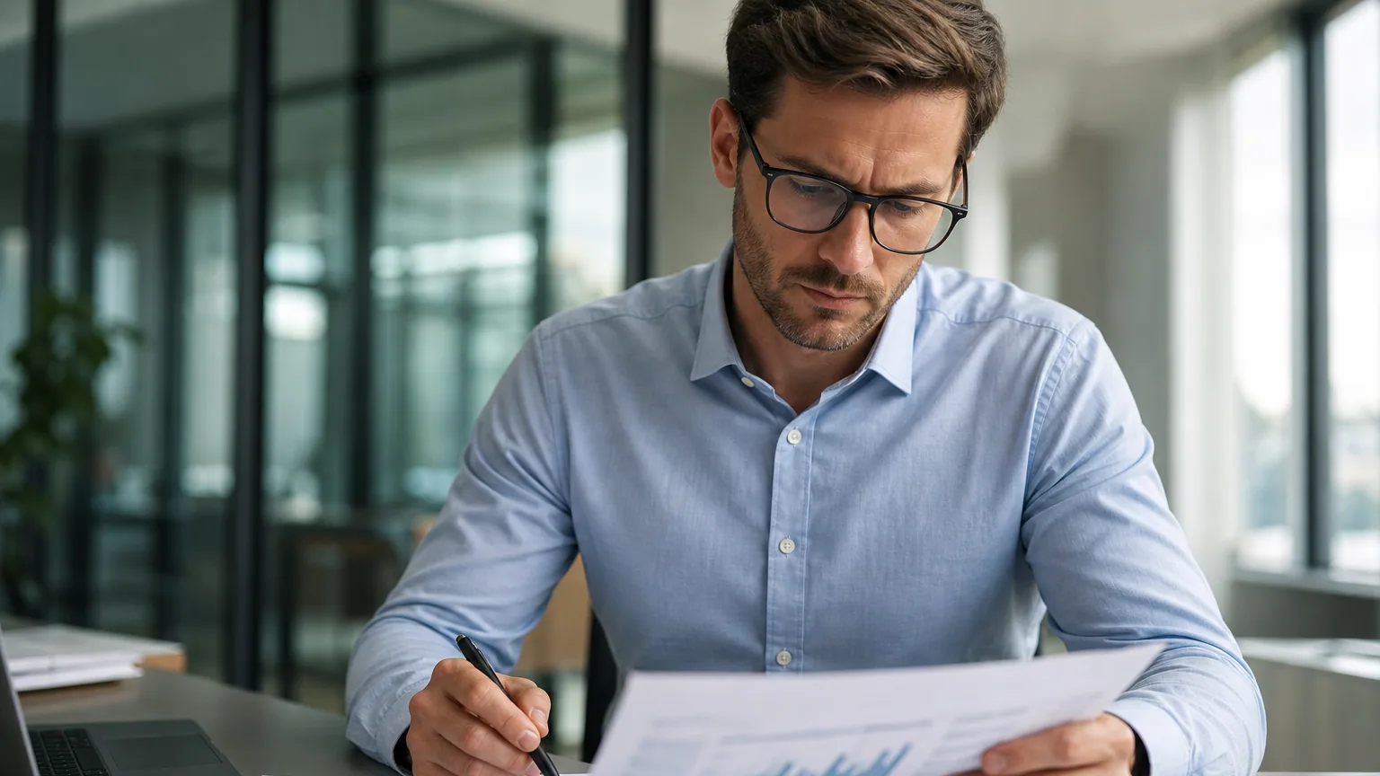 Une analyste financière examine les résultats chiffrés d'une entreprise dans un bureau lumineux