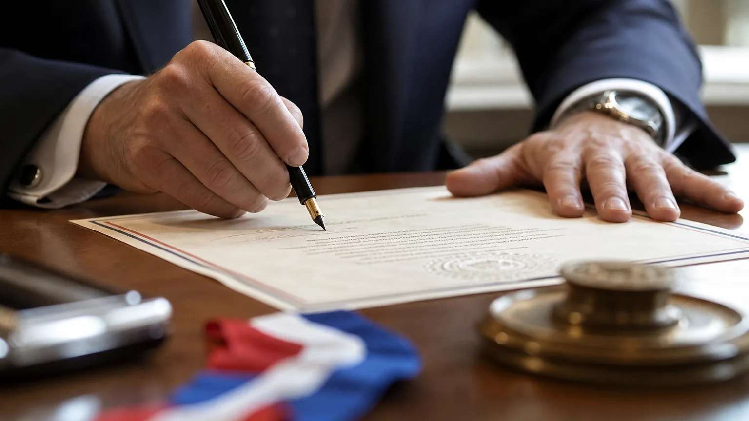 Une main signant un document officiel avec un stylo plume sur un bureau, près d'un tampon administratif