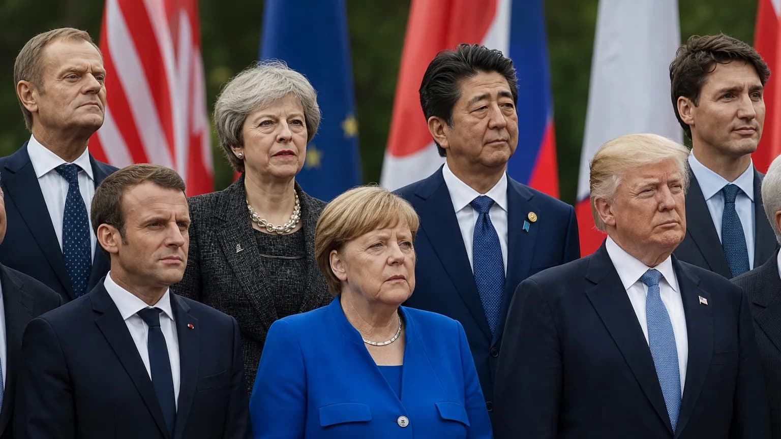 Des dirigeants internationaux réunis pour une photo de famille lors d'un sommet diplomatique.