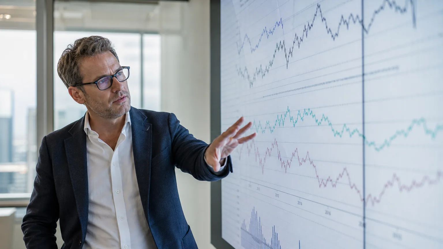Une économiste analyse des courbes économiques sur un grand écran dans un bureau lumineux.