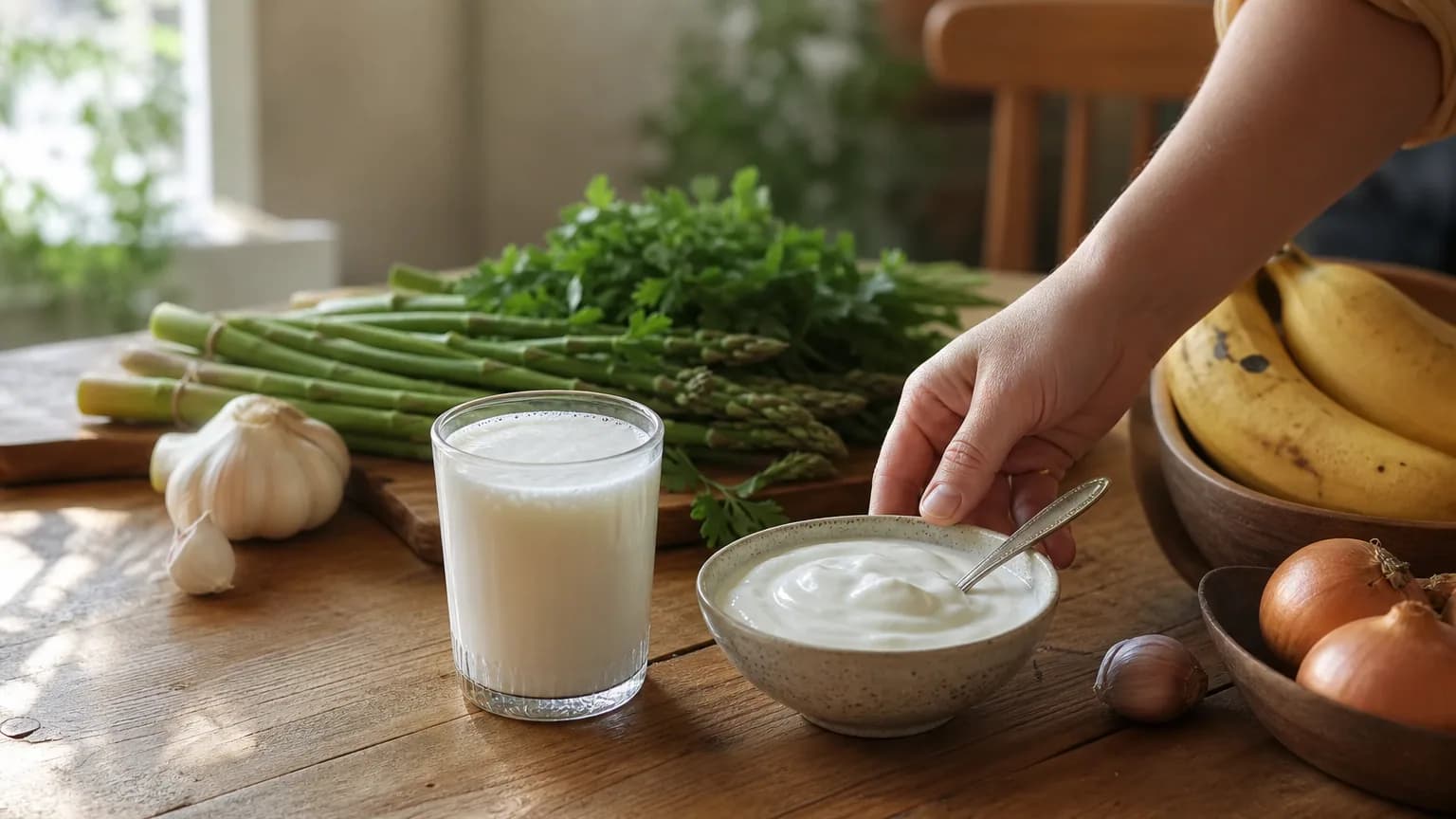 Aliments fermentés et légumes riches en fibres disposés sur une table en bois