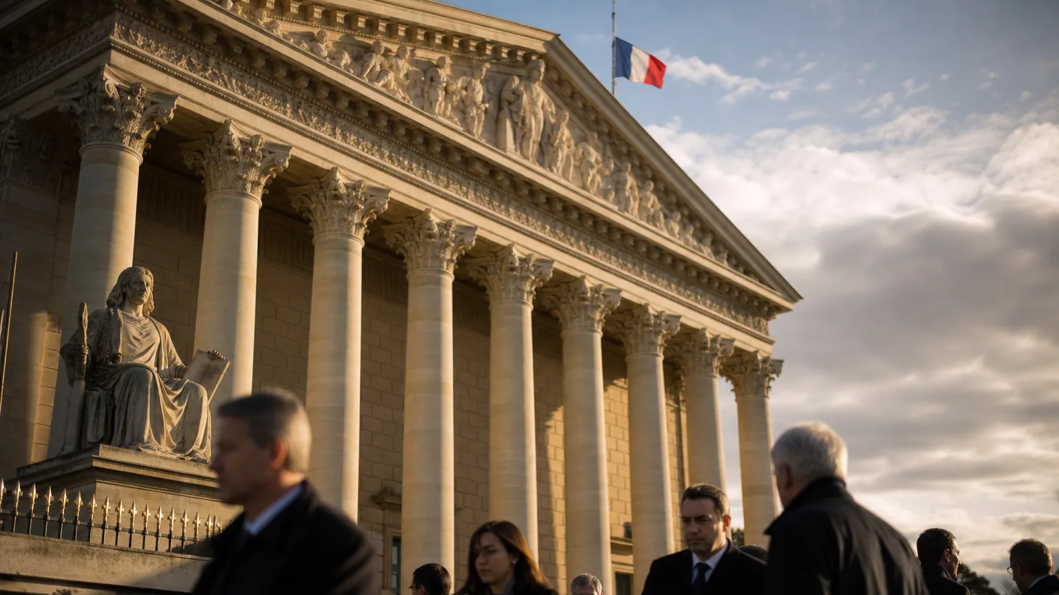 Façade du Palais Bourbon, siège de l'Assemblée nationale à Paris, avec le drapeau français.