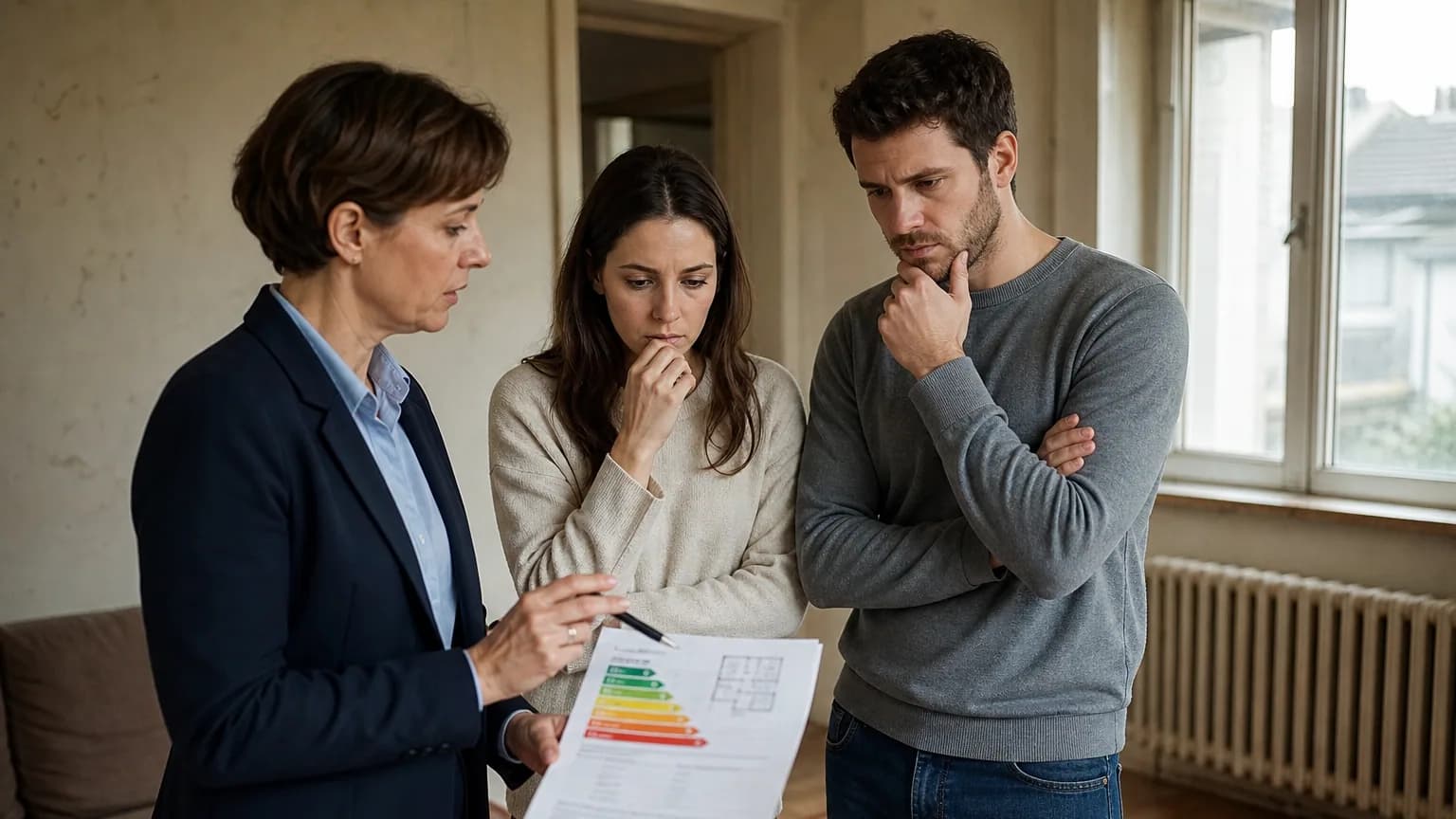 Un couple examine un diagnostic de performance énergétique avec un agent immobilier dans un appartement