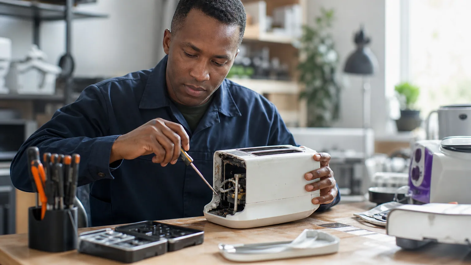 Un réparateur remet en état un petit appareil électroménager dans un atelier lumineux
