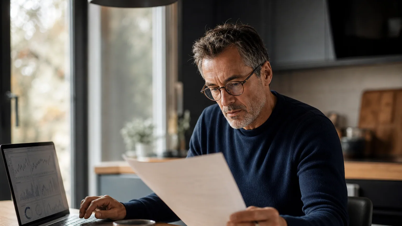 Un épargnant examine ses documents financiers et son ordinateur portable à domicile