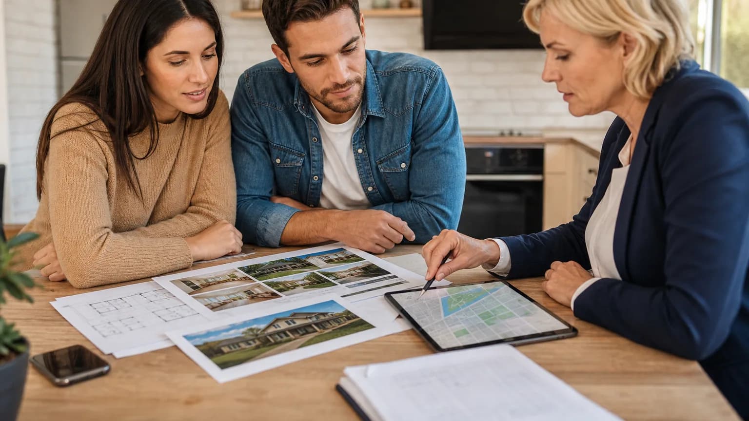 Un couple examine des documents immobiliers avec un agent autour d'une table
