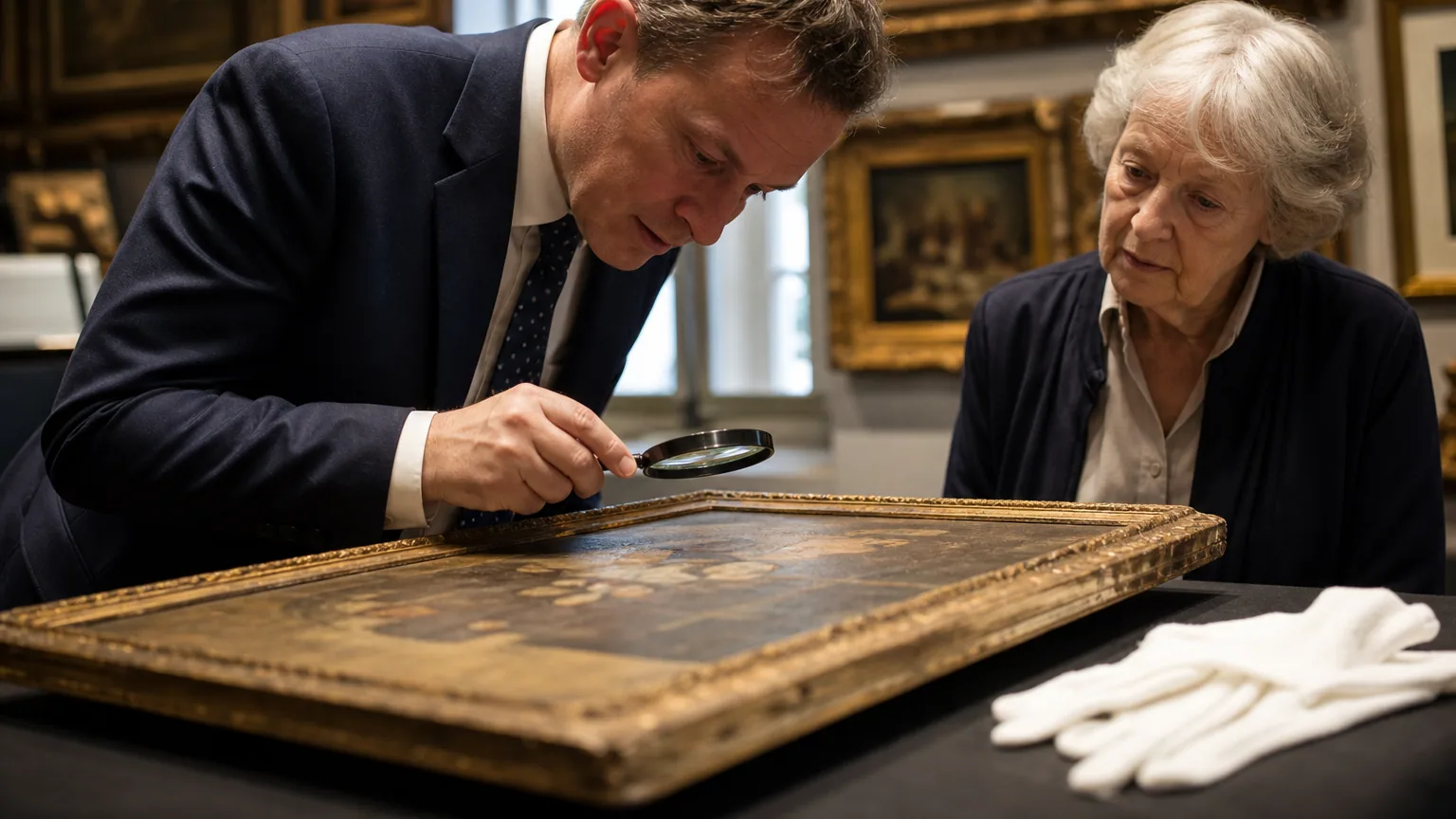 Un commissaire-priseur examine un tableau ancien à la loupe devant une cliente attentive