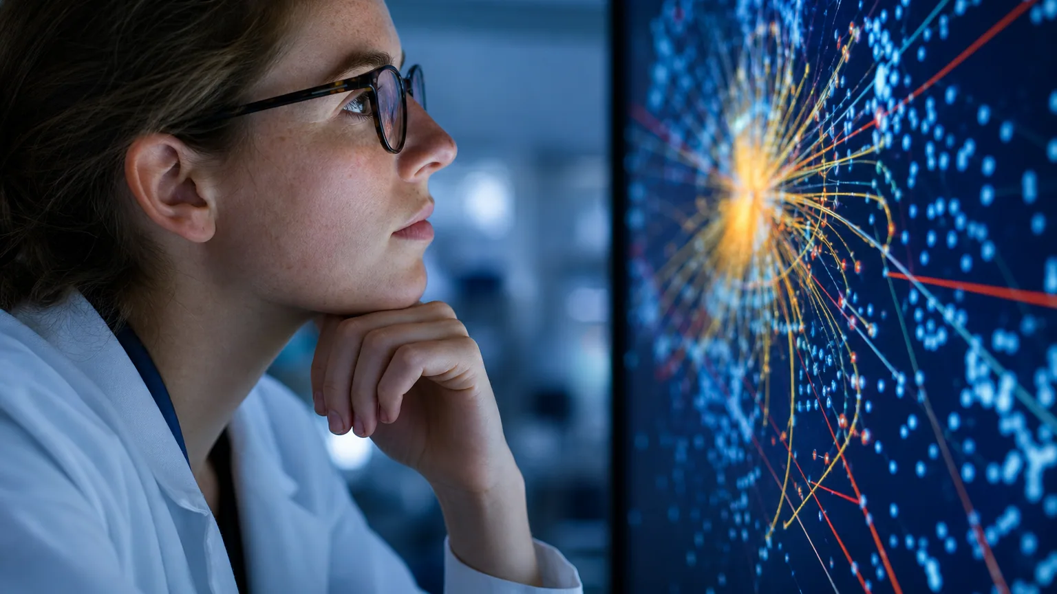Un physicien observe une visualisation de collision de particules sur un écran de laboratoire