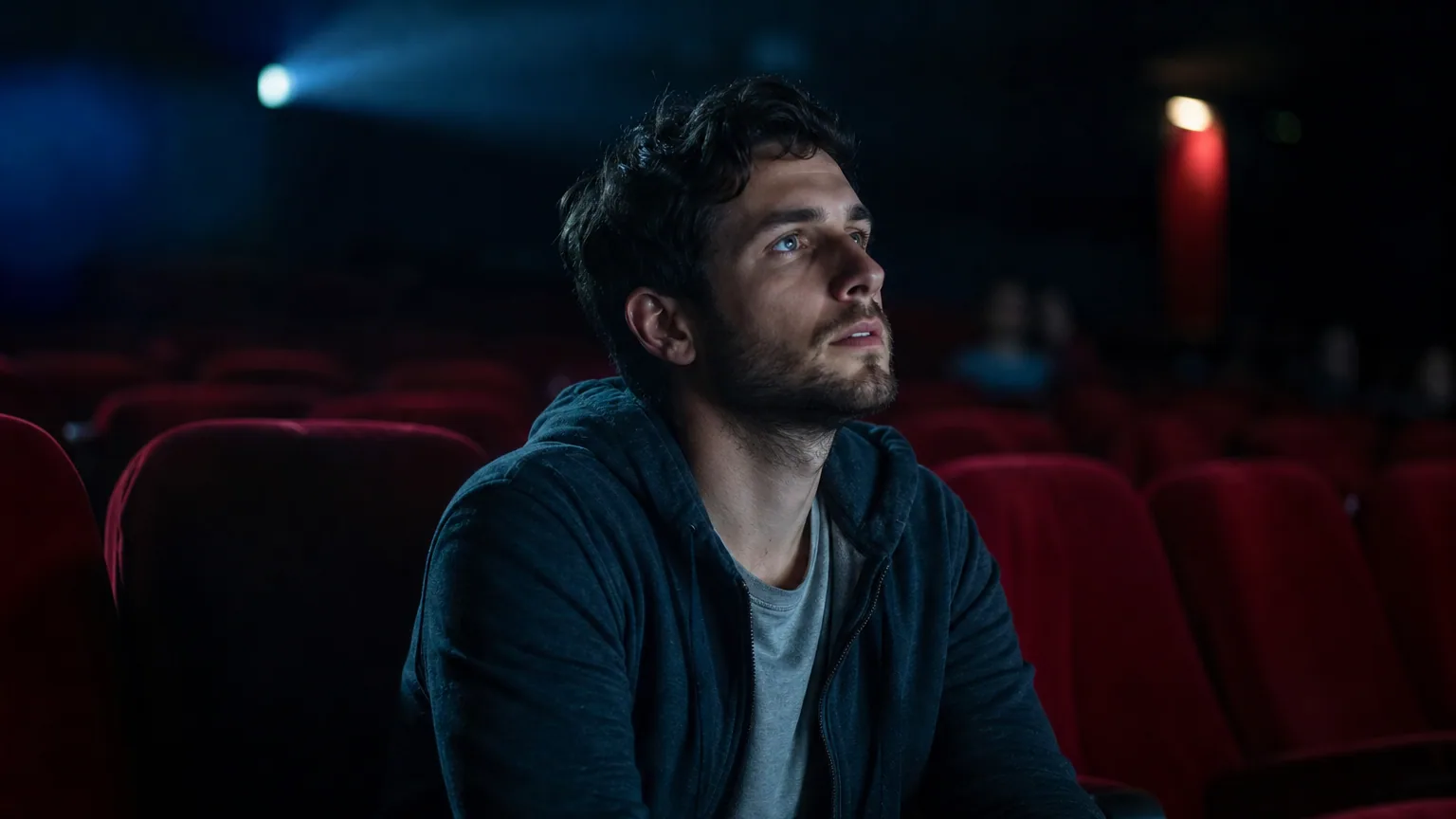 Spectateur captivé seul dans une salle de cinéma éclairée par l'écran