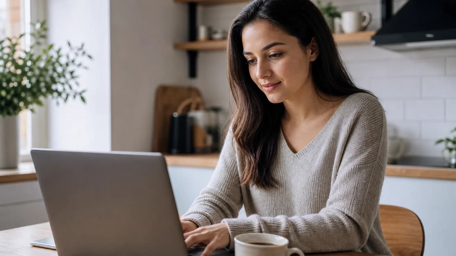 Une femme programme un versement mensuel d'épargne sur son ordinateur portable à la maison