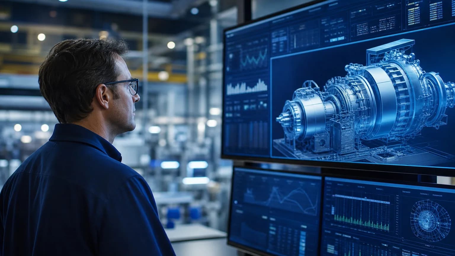 Un ingénieur observe la réplique virtuelle d'une machine industrielle sur des écrans de contrôle