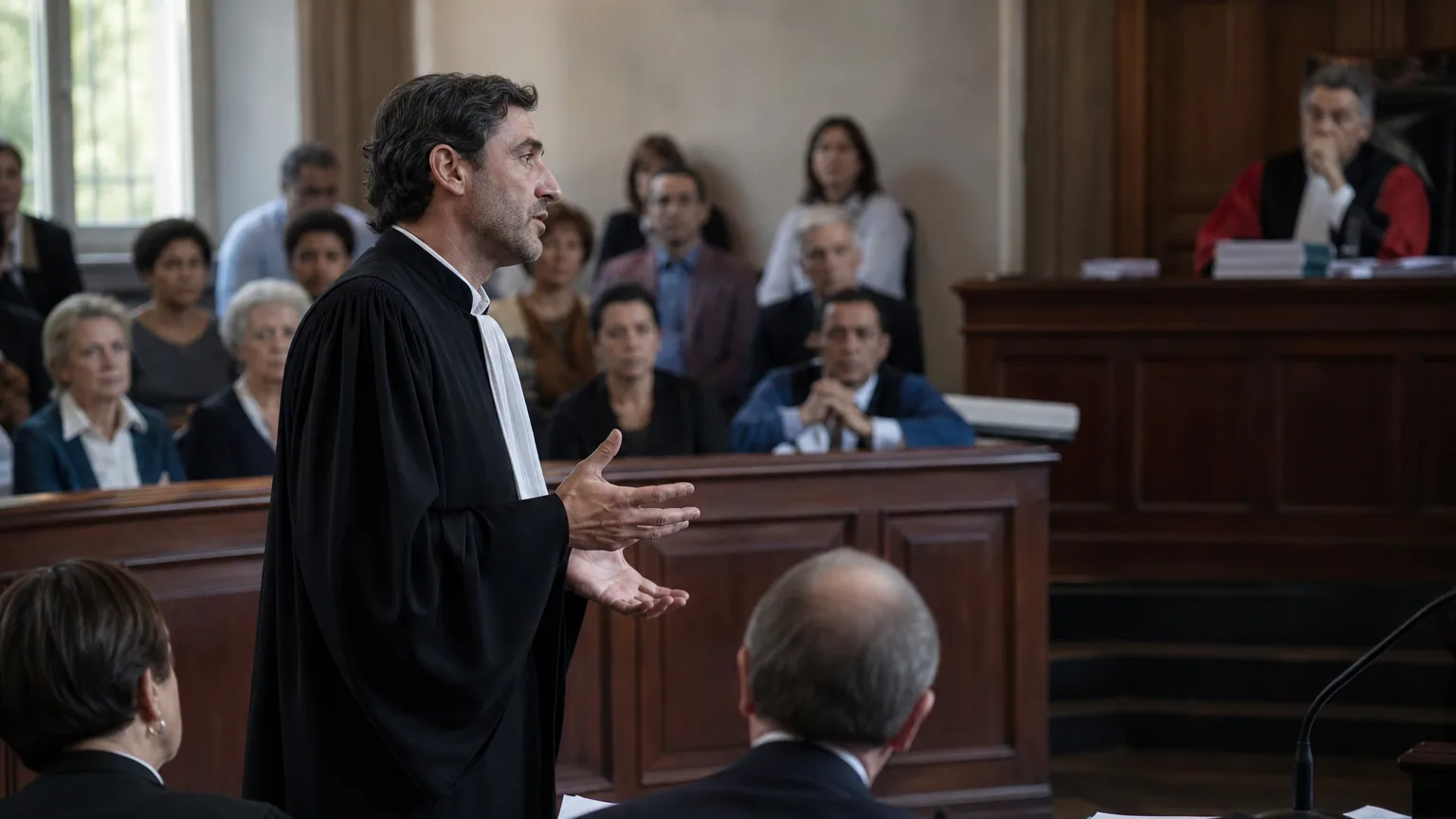 Une avocate en robe noire plaide debout dans une salle d'audience d'un tribunal français.