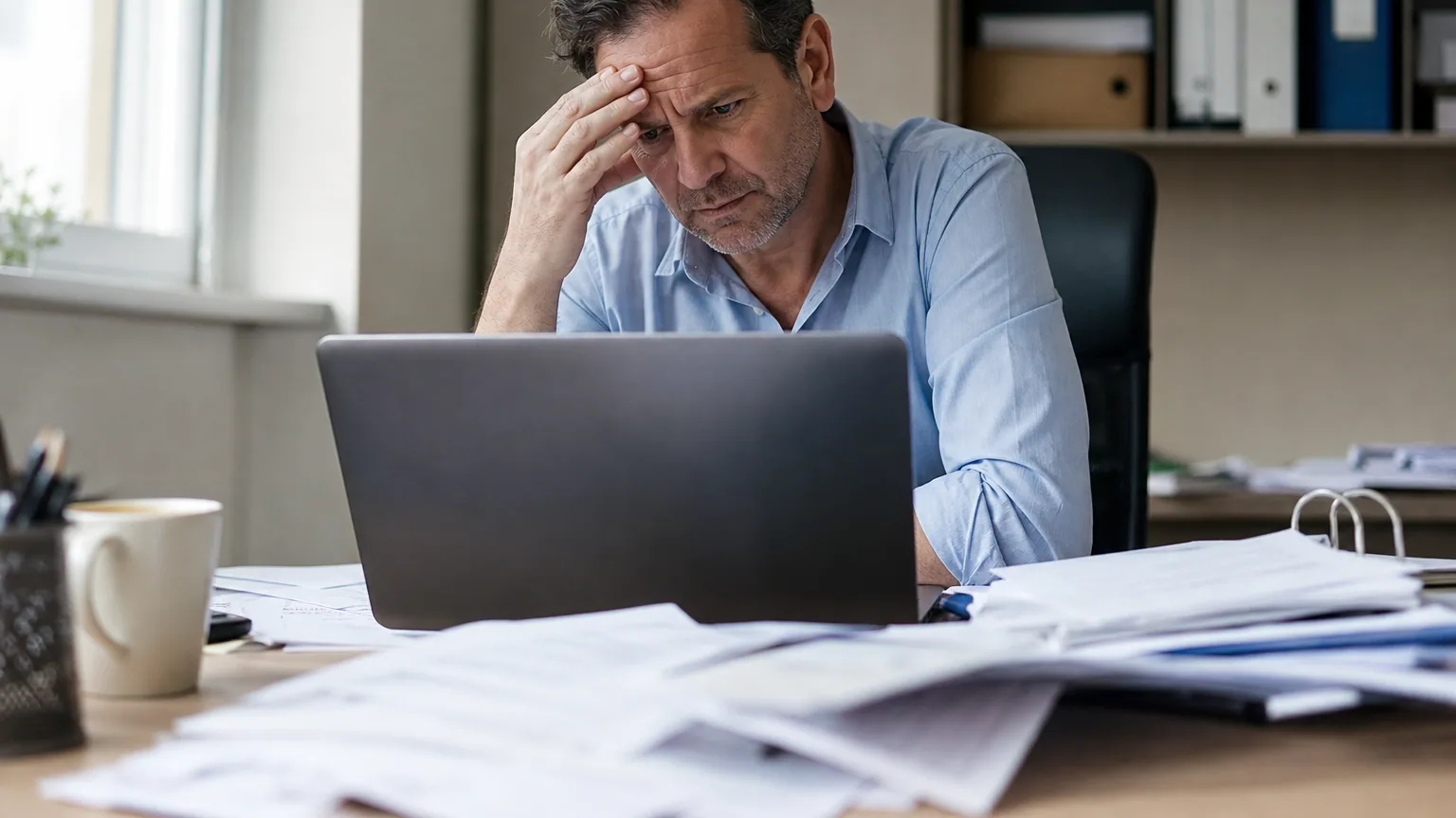 Un dirigeant d'entreprise inquiet examine des documents comptables dans son bureau