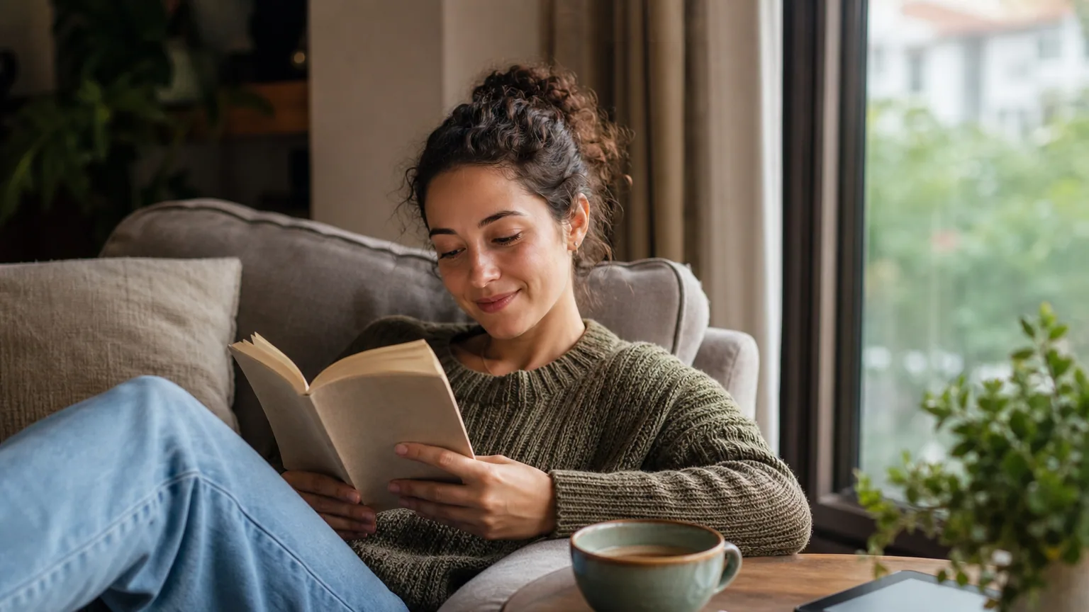 Une personne lisant un livre papier avec une liseuse et des écouteurs posés à côté