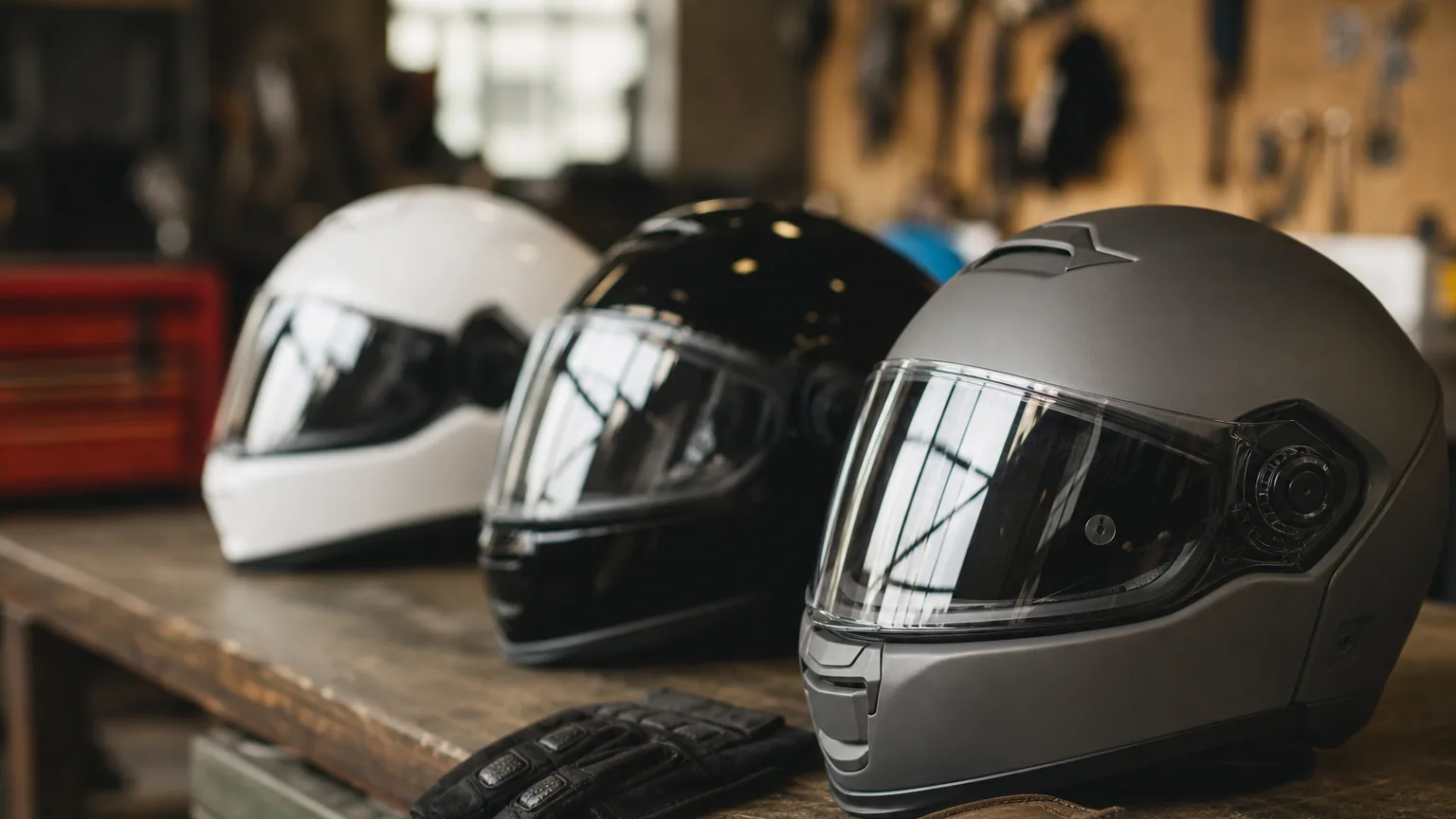 Plusieurs casques moto intégraux et modulables alignés sur un établi d'atelier