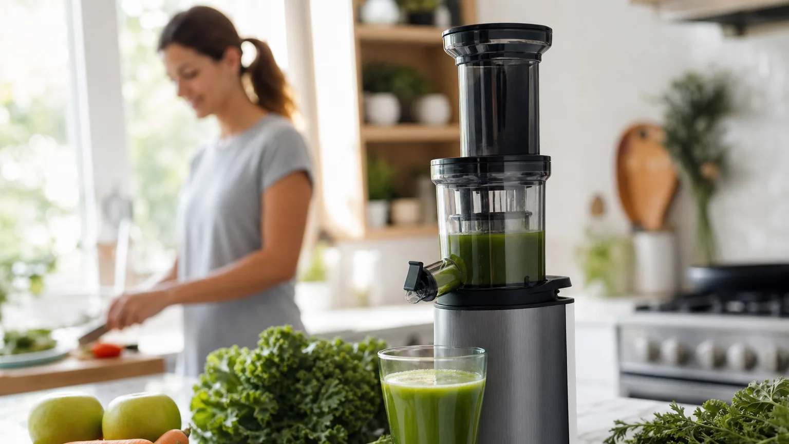 Extracteur de jus sur un plan de travail avec un verre de jus vert frais et des fruits et légumes