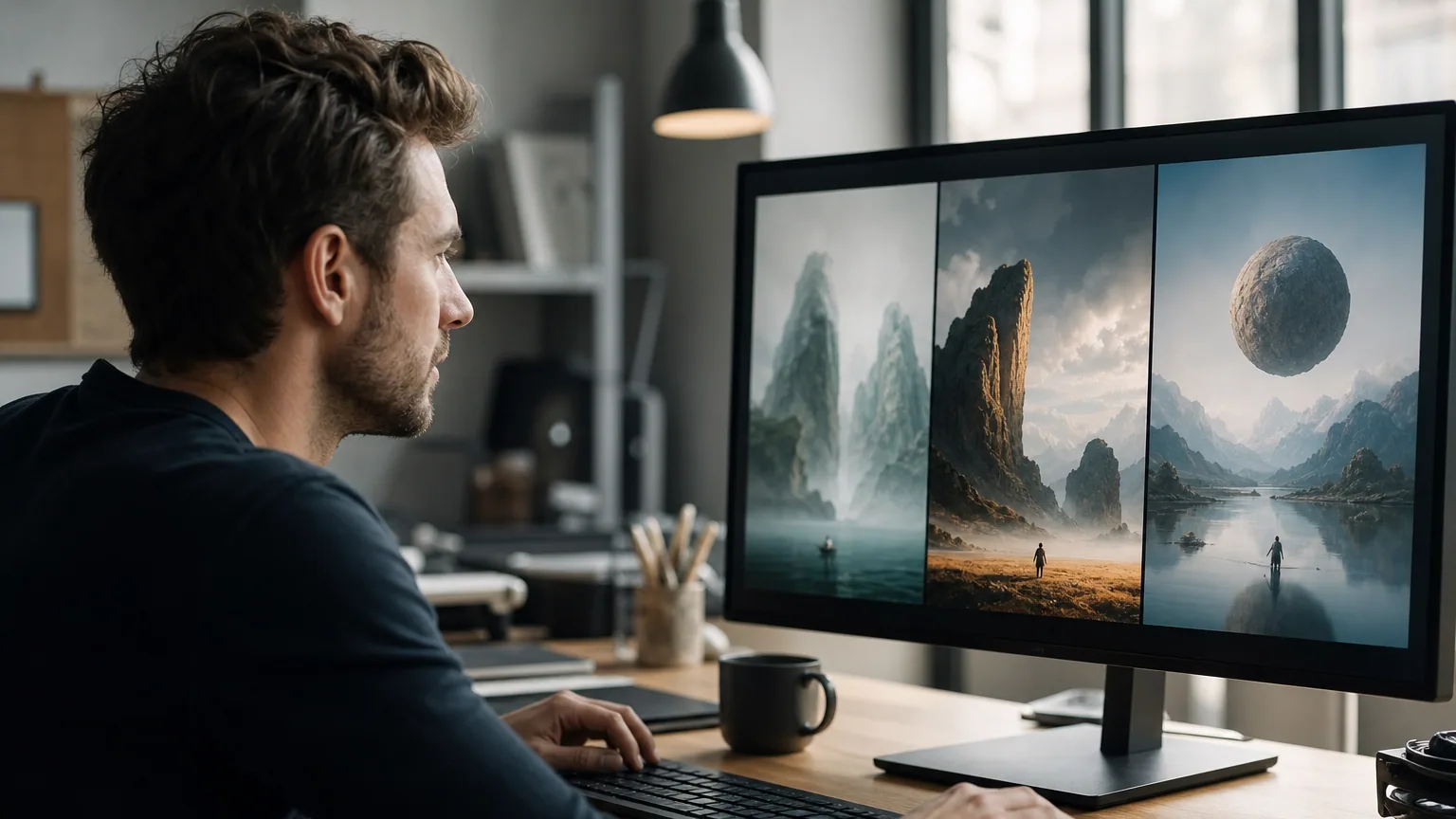 Un designer compare des images générées par intelligence artificielle sur son écran