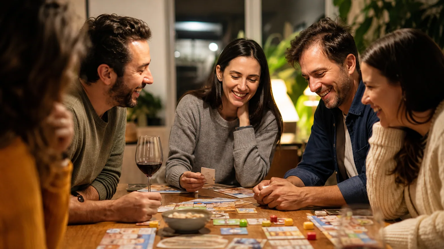 Groupe d'amis riant autour d'une table couverte de cartes et de jetons de jeu de société