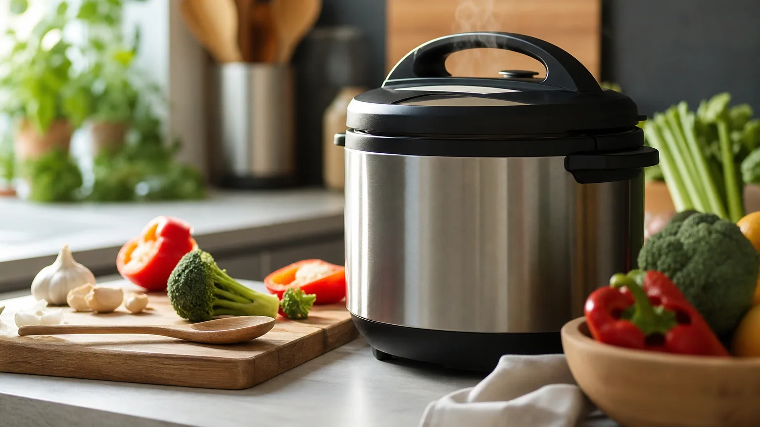 Multicuiseur électrique posé sur un plan de travail de cuisine avec des légumes frais autour