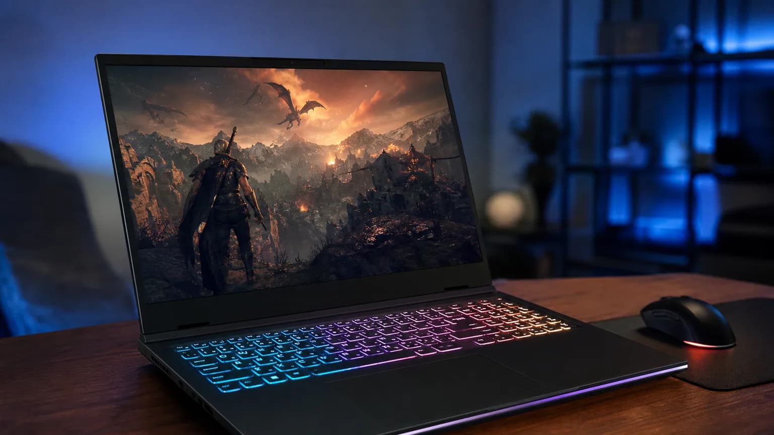 PC portable gamer ouvert sur un bureau avec éclairage RGB et écran de jeu allumé