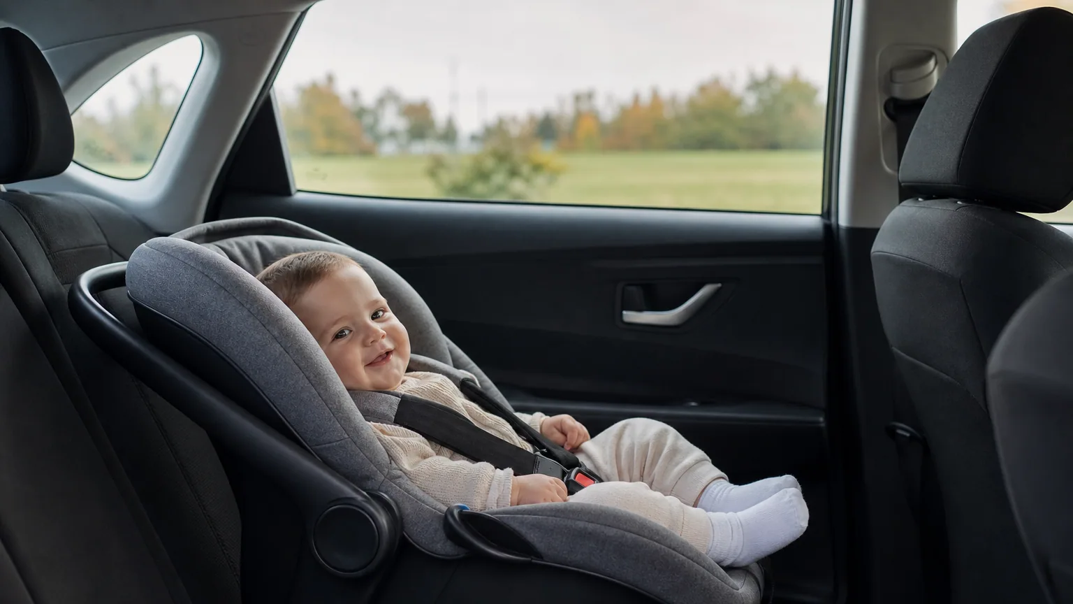 Siège auto bébé installé sur la banquette arrière d'une voiture avec fixation Isofix