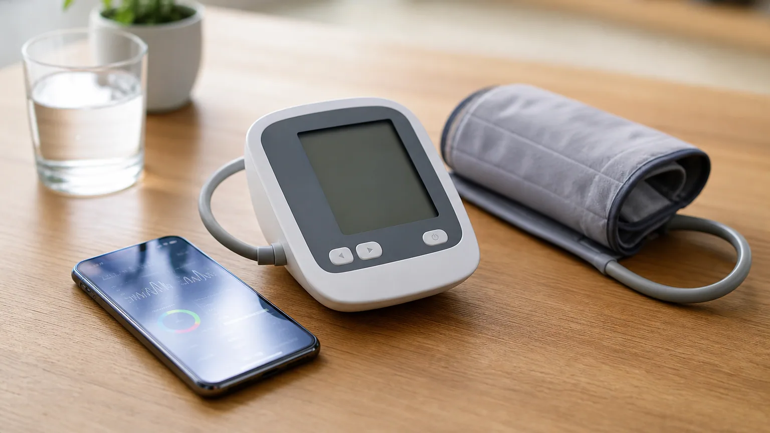 Tensiomètre à bras posé sur une table avec son brassard et un smartphone affichant les mesures