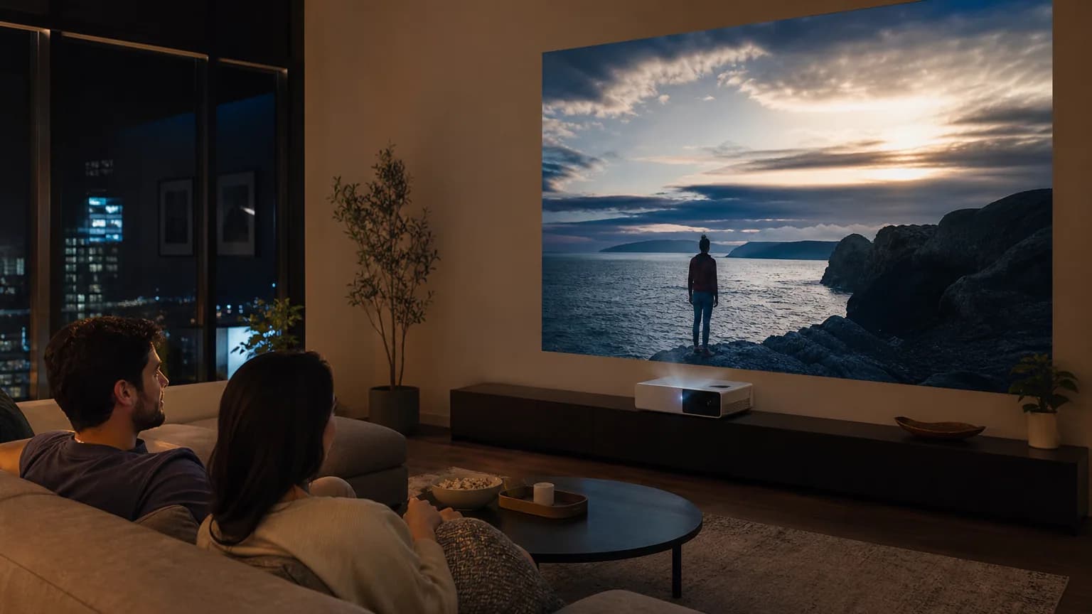 Vidéoprojecteur projetant une grande image dans un salon sombre avec canapé
