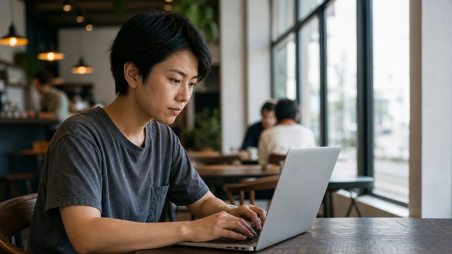 Une personne utilise un ordinateur portable dans un café avec son smartphone à côté