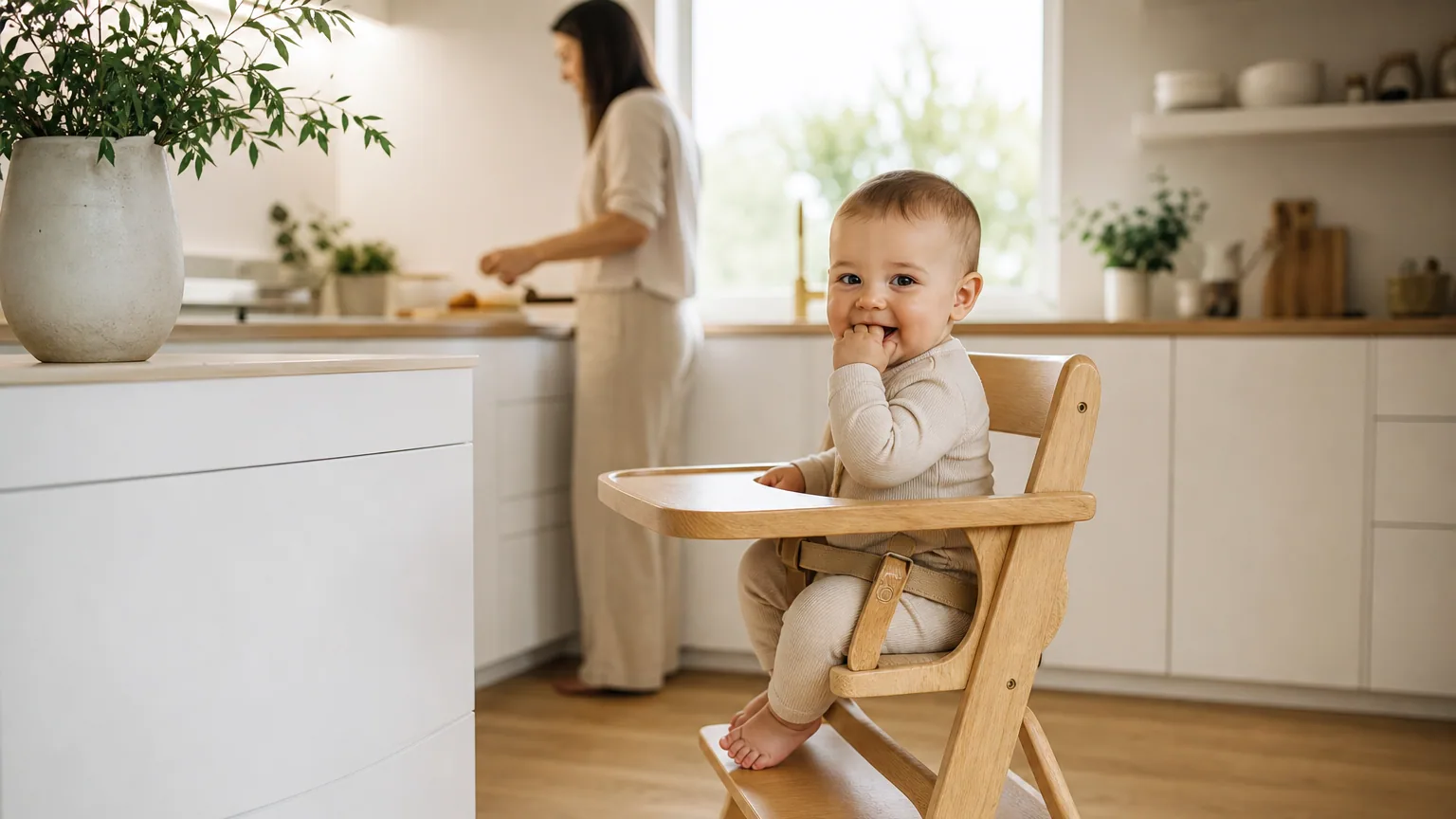 Chaise haute bébé moderne installée dans une cuisine lumineuse