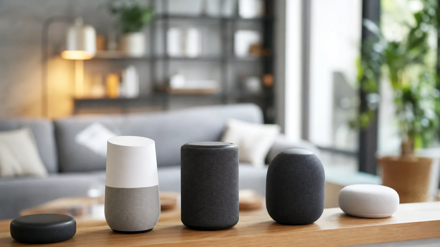 Plusieurs enceintes connectées à assistant vocal posées sur un meuble dans un salon lumineux